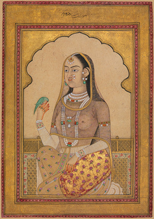 Woman holding a bird. Indian, Deccan,painting. Fine art print