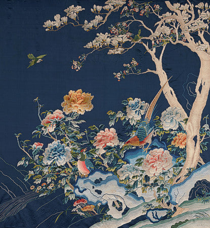 Birds and flowers from an antique embroidered Chinese silk hanging. Fine art print