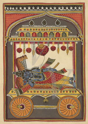 Vishnu and Shesha Indian antique painting. Hindu Gods. Fine art print
