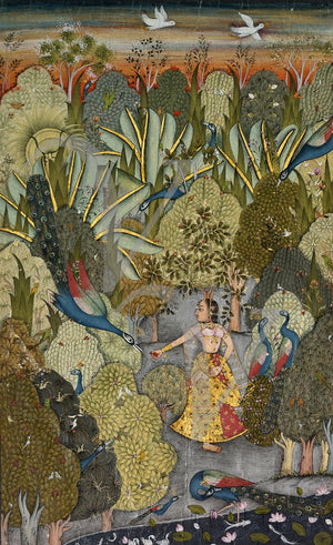 Indian Ragamala painting of a woman with peacocks. Fine art print