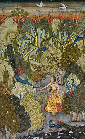 Indian Ragamala painting of a woman with peacocks. Fine art print