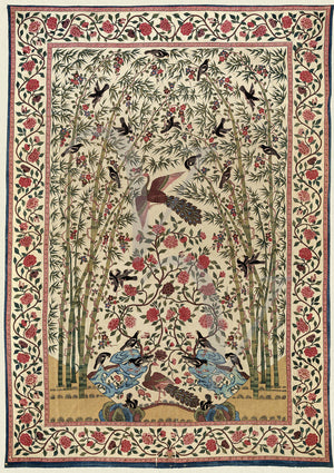 Indian textile art of Peacock, bamboo and Birds. Vintage exotic nature. Fine art print