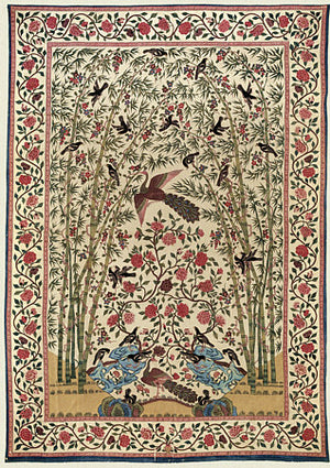 Indian textile art of Peacock, bamboo and Birds. Vintage exotic nature. Fine art print