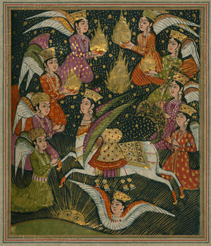 Buraq and Angels. Indo-Persian illuminated manuscript painting. Fine art print