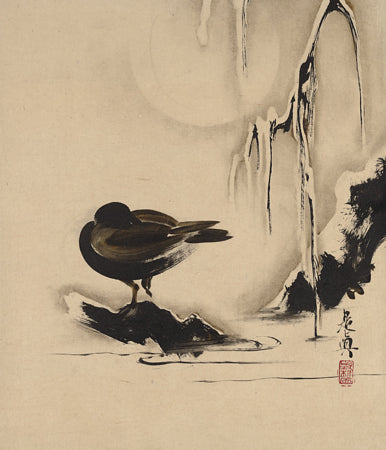 Bird in the snow. Japanese lacquer painting. Fine art print 