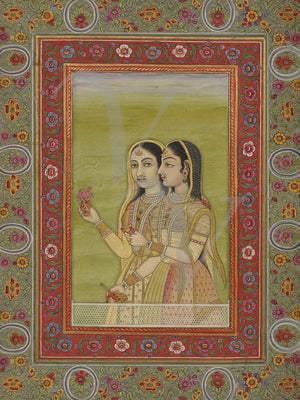 Two women antique Indian painting. Fine art print 