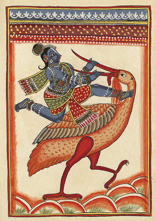 Indian painting of Krishna battling with the demon crane Bakasura. Hindu painting. Fine art print 
