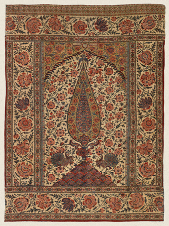 Indian textile design featuring flowers and peacocks. Fine art print 