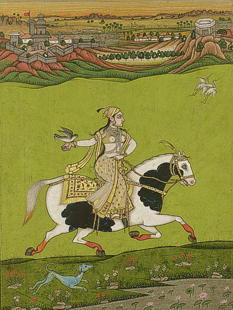 Indian painting of a woman on horseback with a bird (possibly a falcon).  Fine art print