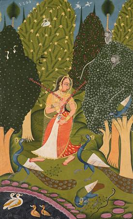 Woman with Peackcocks. Indian Ragamala Painting. Fine Art Print