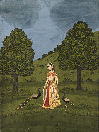 Antique Indian Ragamala painting of a woman with two peacocks Fine art print