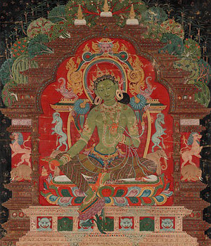 Tibetan antique painting of the Buddhist deity Green Tara. Fine art print
