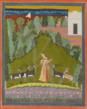 Woman with forest animals. Indian ragamala painting. Wall art.