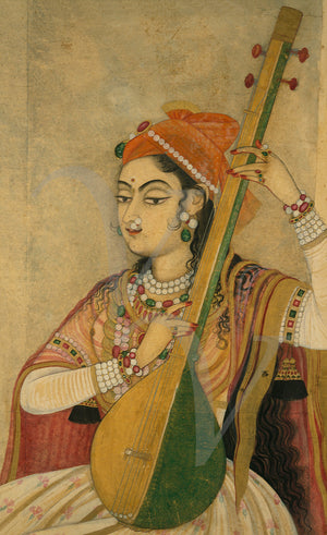 Indian painting of a woman playing music. Fine art print