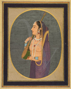 Indian painting of a lady singing and playing the vina. Mughal painting. Fine art print