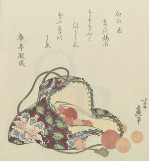 Quartz beads in a brocade purse.  From a Japanese colour woodcut by Katsushika Hokusai