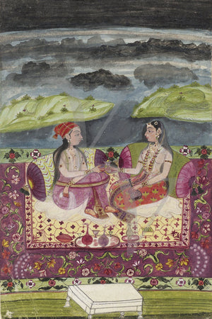 Antique Indian painting of two seated women. Deccan Fine art print