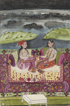 Antique Indian painting of two seated women. Fine art print