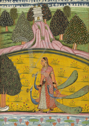 Indian ragaini painting of a woman with three peacocks near a lotus pond