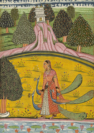 Indian woman with three peacocks. Kakubha ragini painting, Rajasthan 