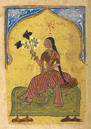 Indian woman with flowers. Indo Persian painting. Fine art print