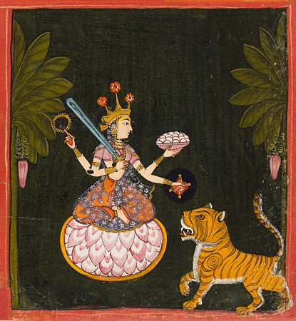 Hindu four-armed Devi, the Goddess Mangala, wih a tiger. Indian painting. Fine Art Print 