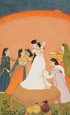 Indian, Pahari painting of a lady with her attendants. Fine art print