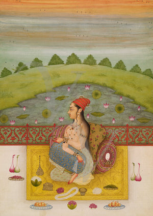 Indian painting of a woman sitting near a lotus pond. Rajasthan. Fine art print
