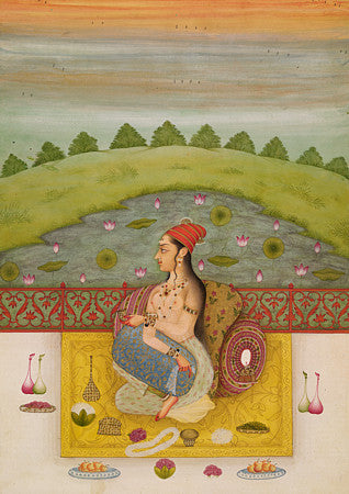Indian painting of a woman sitting near a lotus pond. Fine art print 