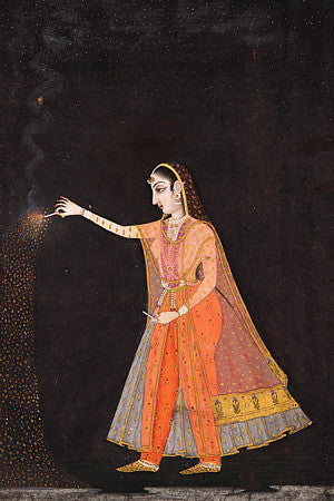 Indian painting, from Rajasthan, of a woman with fireworks. Fine art print