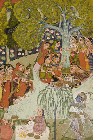 Tree worship. Indian painting. Rajasthan. Fine art print 