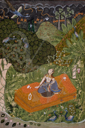 Utka Nayika. Woman in forest Indian painting. Fine art print 