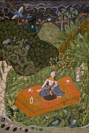 Utka Nayika. Woman in forest Indian painting. Fine art print 