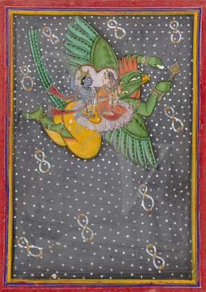 Indian painting of Vishnu and Lakshmi Flying on Garuda. Rajasthan. Fine art print