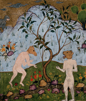 Persian painting of mythological human creatures with animal heads.