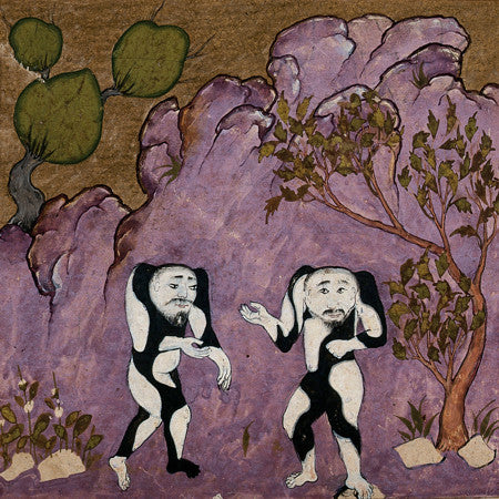 Persian painting of two strange black and white mythological creatures. Fine art print
