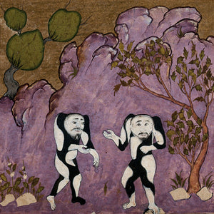 Persian painting of two strange black and white mythological creatures. Fine art print
