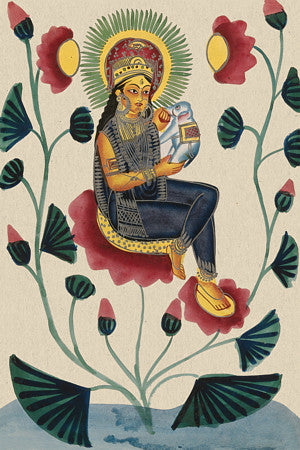 Kalighat painting of the Hindu Goddess Parvati with baby Ganesha. Indian fine art print