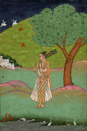 Indian, Mughal, ragamala painting of a woman in a landscape holding a fan. Fine art print