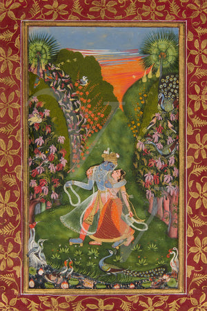Krishna and Radha in the forest. Indian painting. Fine art print
