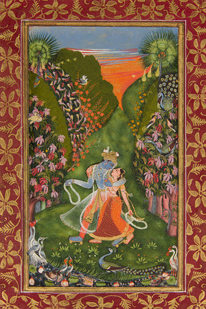 Krishna and Radha in the forest. Indian painting. Fine art print