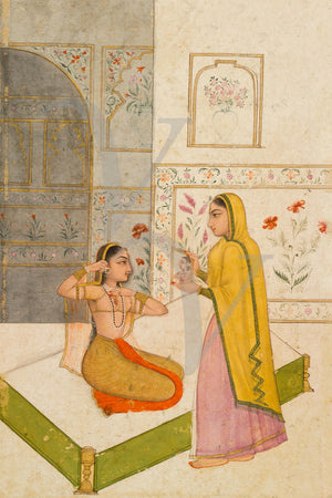 Vilaval Ragini. Indian, Mughal ragamala painting of two women. Fine art print 