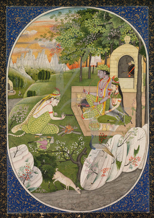 Rama, Sita and Lakshmana, from the Ramayana. Pahari painting of Hindu Deities. Fine art print
