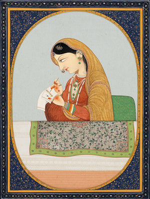 Indian woman writing a letter. Kangra painting. Fine art print