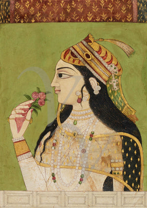 Deccan painting of an Indian woman holding flowers. Fine art print 