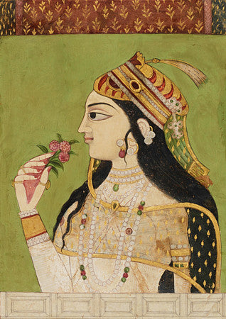 Indian woman holding flowers. Deccan painting. Fine art print 