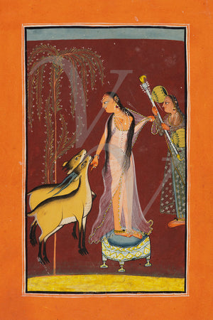 Ragamala painting of a woman with deer. Pahari artwork. Fine art print