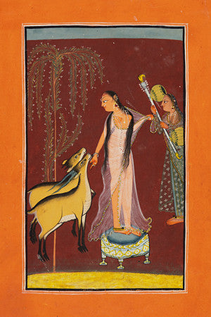 Woman with a Pair of Deer. Indian Ragamala painting. Fine art print