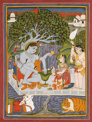 Indian painting of Shiva and Parvati under a Banyan tree. Fine art print 
