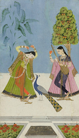 Gujara Ragini. Indian Ragamala painting of two women and a peacock.  Fine art print